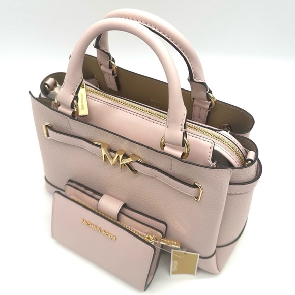 Michael Kors Reed Small Satchel Crossbody Bag & MD Bifold Zip Chain Wallet Pink - Picture 10 of 16